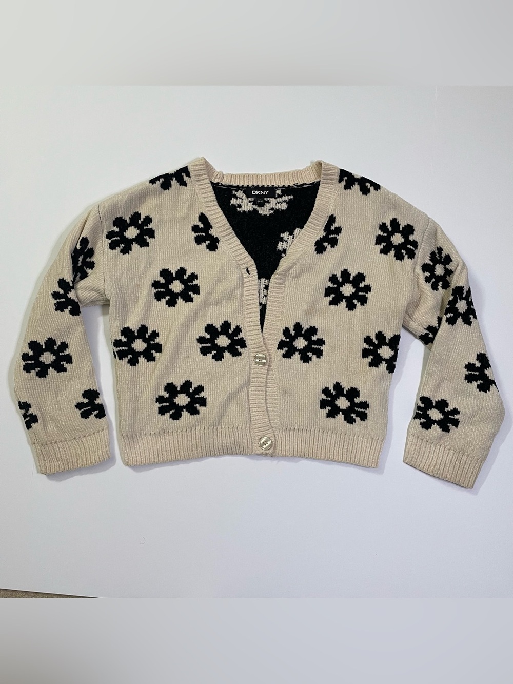 DKNY Cream Cropped Button Up Cardigan with Black Flower Print size L